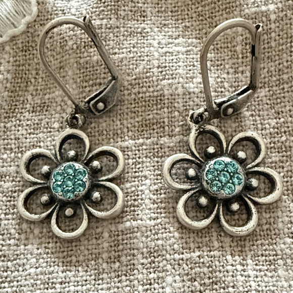 Touchstone Crystal Silver-Tone Flower Earrings with Aqua Crystals - Picture 2 of 5